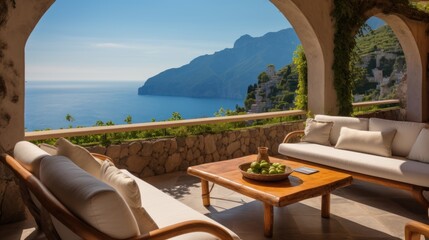 Obraz premium Luxurious villa nestled along the breathtaking Amalfi Coast of Italy, with panoramic views of the sparkling Mediterranean Sea and cliffside terraces