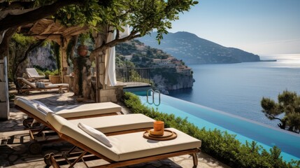 Fototapeta premium Luxurious villa nestled along the breathtaking Amalfi Coast of Italy, with panoramic views of the sparkling Mediterranean Sea and cliffside terraces