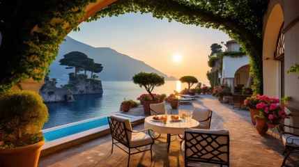Küchenrückwand glas motiv Sonnenuntergang am Strand Luxurious villa nestled along the breathtaking Amalfi Coast of Italy, with panoramic views of the sparkling Mediterranean Sea and cliffside terraces