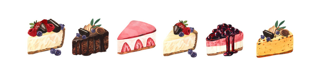 Watercolor set dessert, colorful sweet cakes slices pieces of cheesecake with fresh berries. Hand-drawn illustration isolated on white background.Perfect food menu, food drawing, design packing, print