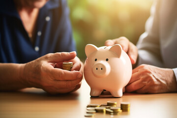 Senior mature retired couple counting pension savings. Piggy bank, money and finances concept, investment for a future, pension fond. High quality photo - obrazy, fototapety, plakaty