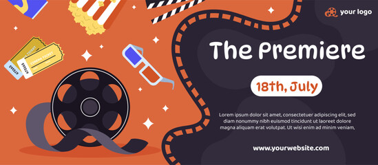 Movie premiere banner concept. Advertising and announcement for cinema website. New series and movies. Film reel, tickets, popcorn and 3D glasses. Cartoon flat vector illustration