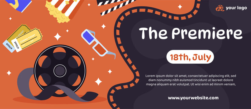 Movie premiere banner concept. Advertising and announcement for cinema website. New series and movies. Film reel, tickets, popcorn and 3D glasses. Cartoon flat vector illustration