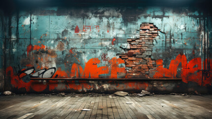 Obraz na płótnie Canvas Gritty and Edgy Urban Background with Graffiti and Bricks with Red and Black Graffiti AI Generated