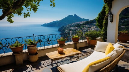 Luxurious villa nestled along the breathtaking Amalfi Coast of Italy, with panoramic views of the sparkling Mediterranean Sea and cliffside terraces