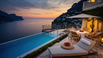 Obraz premium Luxurious villa nestled along the breathtaking Amalfi Coast of Italy, with panoramic views of the sparkling Mediterranean Sea and cliffside terraces