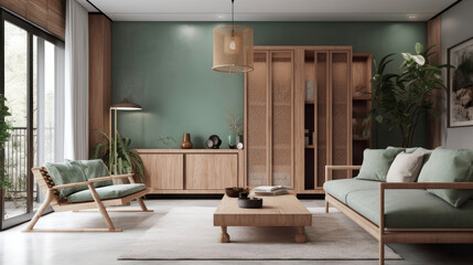 Japanese interior design of a spacious living room. Generative AI