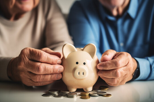 Senior Mature Retired Couple Counting Pension Savings. Piggy Bank, Money And Finances Concept, Investment For A Future, Pension Fond. High Quality Photo