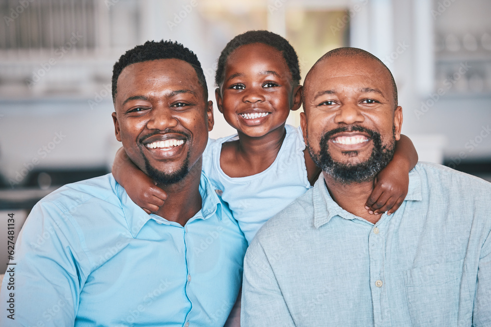 Wall mural Black family, grandfather and father with girl in portrait, bonding and relax together in home. African grandpa, dad and face of child with care, love and smile, happy and enjoying quality time