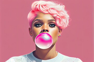 Black Female Blowing Bubblegum Bubbles Backdrop Generative AI