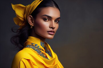 East Indian Female Yellow Jacket High Fashion Backdrop Generative AI