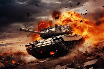 Armored Tank Braving a Mine Field Amidst Fiery War Scenes in the Desert - Wide Poster Design with Ample  | Generative AI