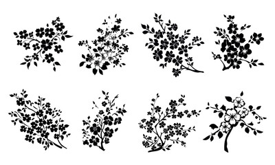 Sakura flowers on branches with leaves, Asian ornament for stencil. Black outline on a transparent background with isolated elements. Vector set.