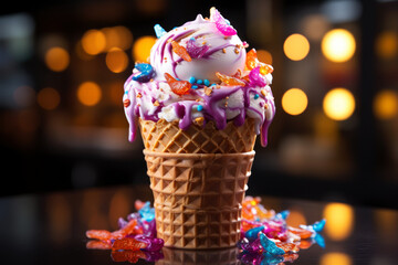 Delicious creamy icecream, ice cream scoops in waffle cones on colored background