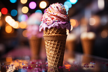 Delicious creamy icecream, ice cream scoops in waffle cones on colored background