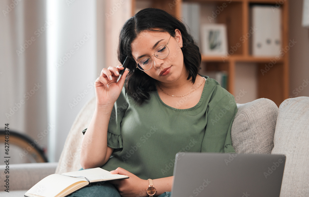 Poster woman, student and laptop, notebook and thinking or studying and planning schedule for work from hom