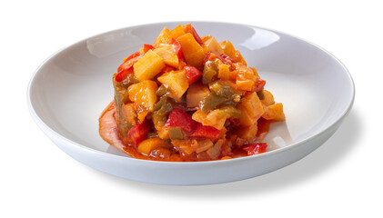 Pepper stew with potatoes in tomato sauce in white dish isolated