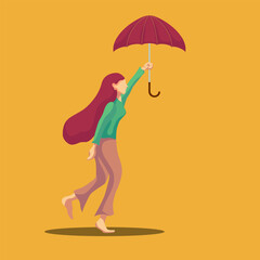 A woman in full growth standing under an umbrella. Profile of a girl. Autumn. Vector flat illustration