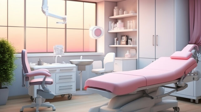 Room with equipment in the clinic of dermatology and cosmetology. 3d illustration.