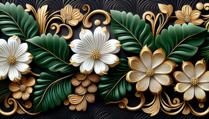 floral 3d wallpaper design. green and golden on black background abstract floral background. generative in ai
