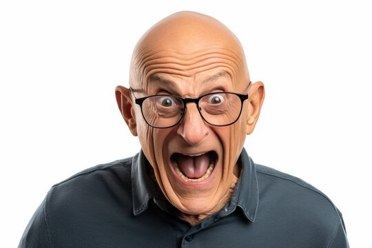 Bald senior man with a funny face expression fooling around. Isolated on white. Emotions. High quality photo | Generative AI