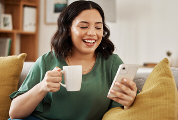 Woman on sofa with phone, coffee and smile, reading email or social media meme in living room....