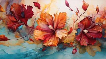 Abstract autumn flowers, fluid art. Generative AI