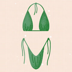green bikini. Separated swimwear, swimsuit, triangle bra top, micro string bottom with ruffle, texture and thin neck ties. Trendy beachwear, swim wear for beach, sea, pool. Vector flat illustration
