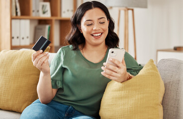 Phone, credit card and woman on sofa with online shopping and banking at home. Ecommerce, mobile...