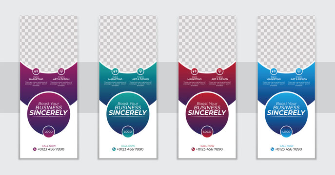 Agency stands roll up banner design stands template layout  with 3 design , 3 color . editable roll-up banner vector template. Corporate business advertising marketing 2023.

