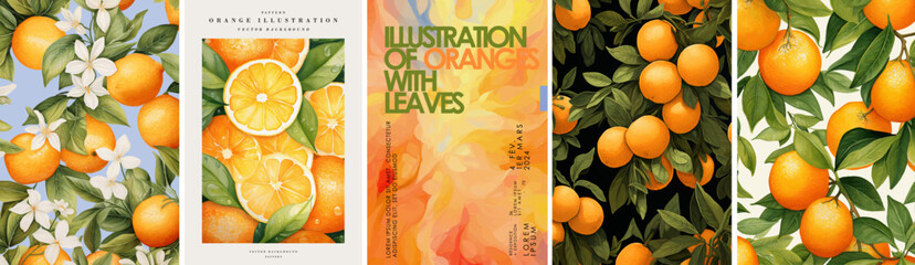 Orange background, pattern and juice. Vector drawn illustrations of oranges with flowers and leaves for poster, card or textile - 627486535