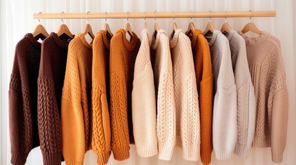 Warm knitted autumn sweaters on a hanger. Generative AI