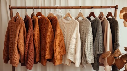 Warm knitted autumn sweaters on a hanger. Generative AI