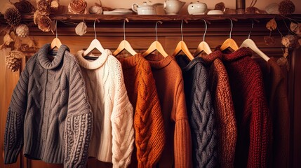 Warm knitted autumn sweaters on a hanger. Generative AI