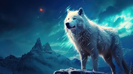 White wolf in the background of a mountain landscape with northern lights. Generative AI