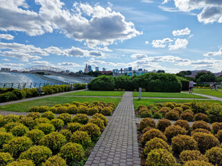 Warsaw, Poland - July 18, 2023: Botanical garden on the roof of the Warsaw University library. One of the largest roof gardens in Europe