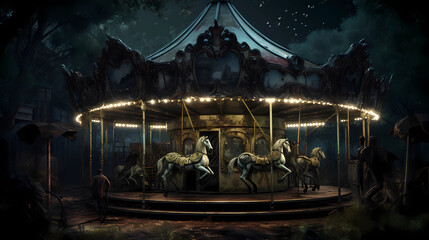 A hauntingly beautiful abandoned amusement park, rusty rides covered in ivy, a full moon casting an eerie glow, a lone carousel with chipped paint and broken horses, evoking a mixture of nostalgia and