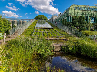 Warsaw, Poland - July 18, 2023: Botanical garden on the roof of the Warsaw University library. One of the largest roof gardens in Europe