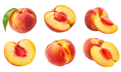 Set of ripe peaches: cut and whole, isolated on a transparent background.
