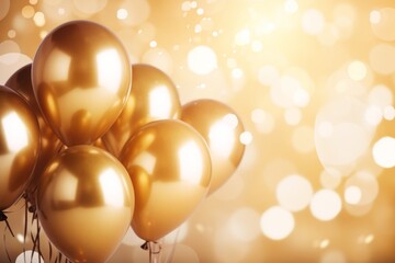 Golden balloons soaring in the air, a celebration party adorned with bokeh background, copy space, Generative AI