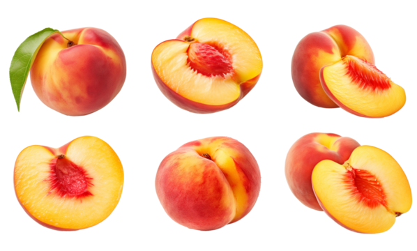 Set of ripe peaches: cut and whole, isolated on a transparent background.