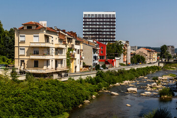 Fototapeta na wymiar View of Gabrovo town with Jantra river, Bulgaria