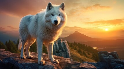 A beautiful red dog of the Shiba Inu breed on the background of a mountain landscape with a beautiful neon sunset. Generative AI