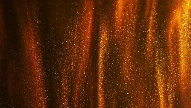 Shiny bronze paint moving in time lapse. Macro shot of sparkling surface waving underwater. Shimmering liquid flowing in water. Golden transition pattern background. Creative concept, 4k footage