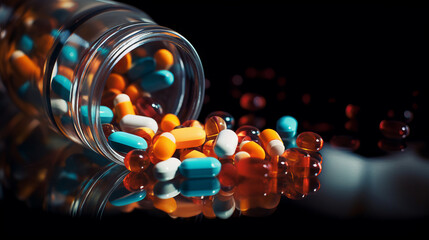 Prescription opioids, with bottles of many pills on the mirror table. Concepts of addiction, opioid crisis, overdose and doctor shopping. High quality image