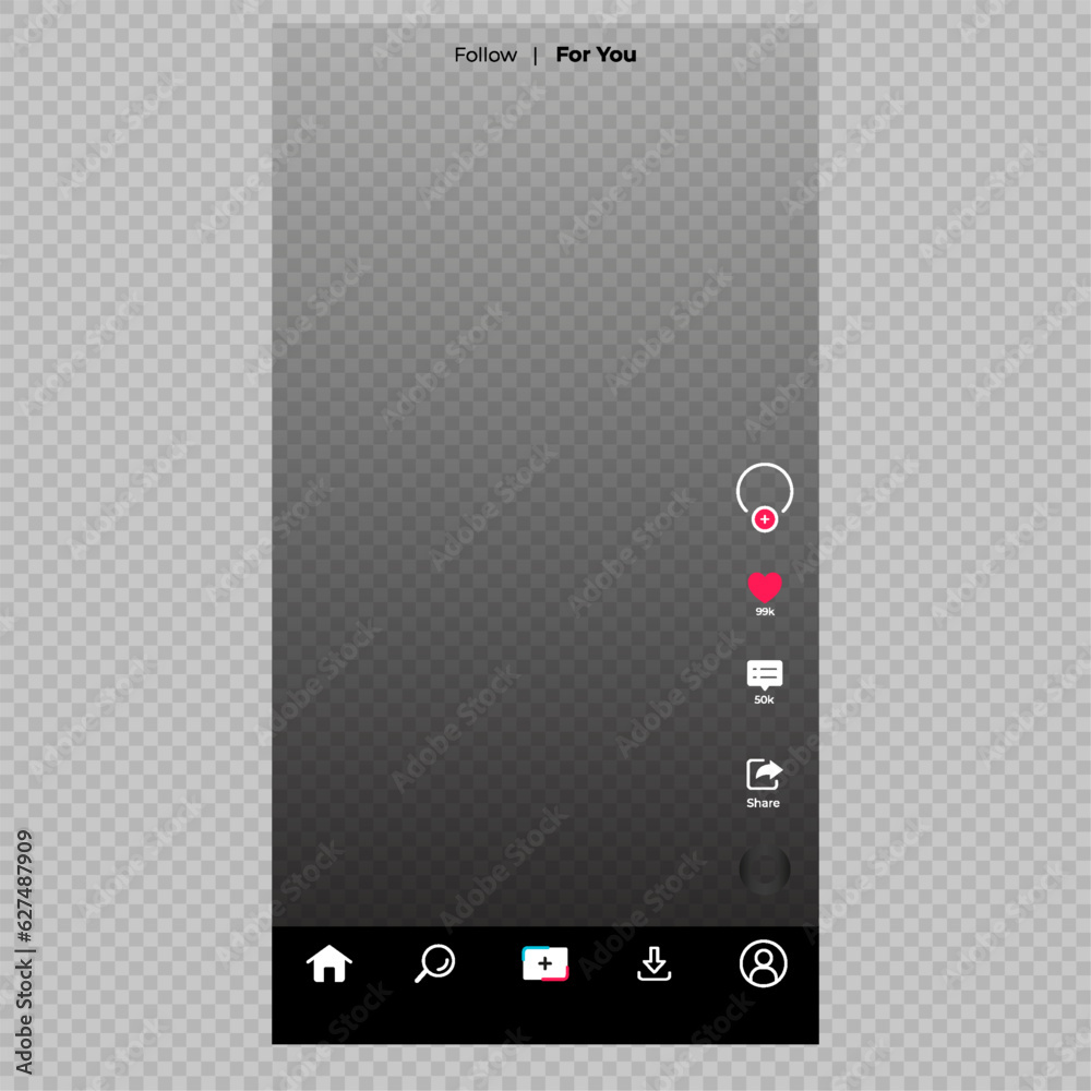 Poster TikTok interface with transparent background - Tiktok. Tik tok mobile App interface template on Apple iPhone mockup. Mockup page template. Editorial vector illustration