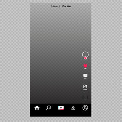 TikTok interface with transparent background - Tiktok. Tik tok mobile App interface template on Apple iPhone mockup. Mockup page template. Editorial vector illustration - obrazy, fototapety, plakaty