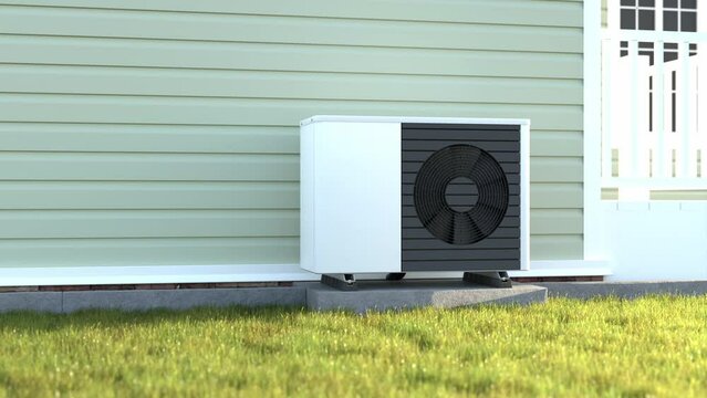 Animated photorealistic 3d render of a fictitious air source heat pump with a rotating fan mounted to a concrete base  on the outside of a house.