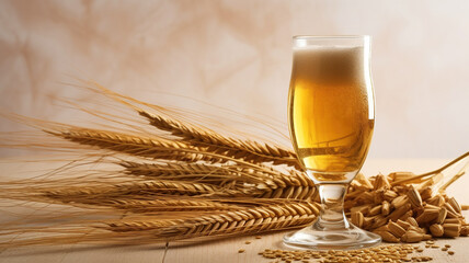 A glass of beer against the background of ears of wheat. AI Generated.