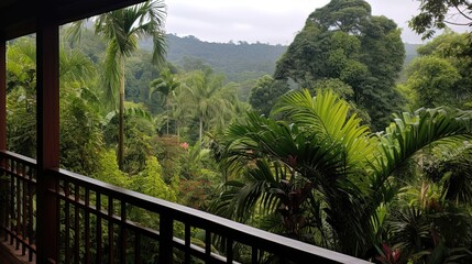 Balcony overlooking exotic tropical forest, sunny day. Generative AI
